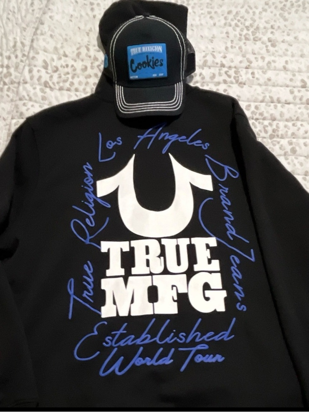 True Religion Black Crewneck with White & Blue Logo Graphics